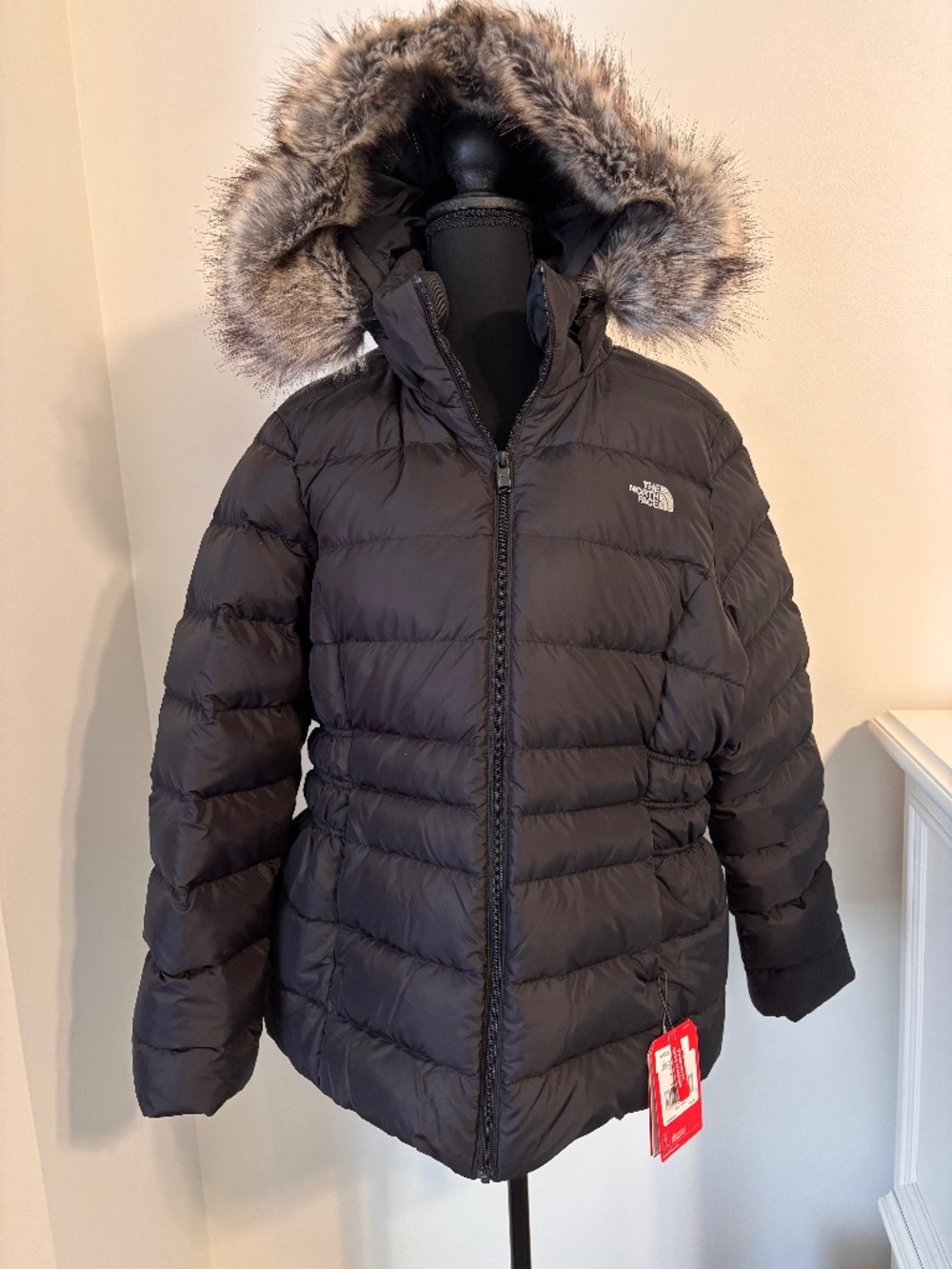 The North Face Gotham Women’s Black Down Hooded Puffer Coat Fur Trim XL